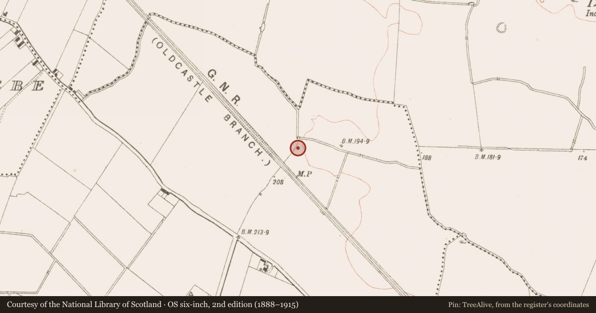 Ordnance Survey six-inch map, 2nd edition (1888–1915) covering the location of Fulacht fia, Cookstown Great, County Meath, with a pin at the register's coordinates