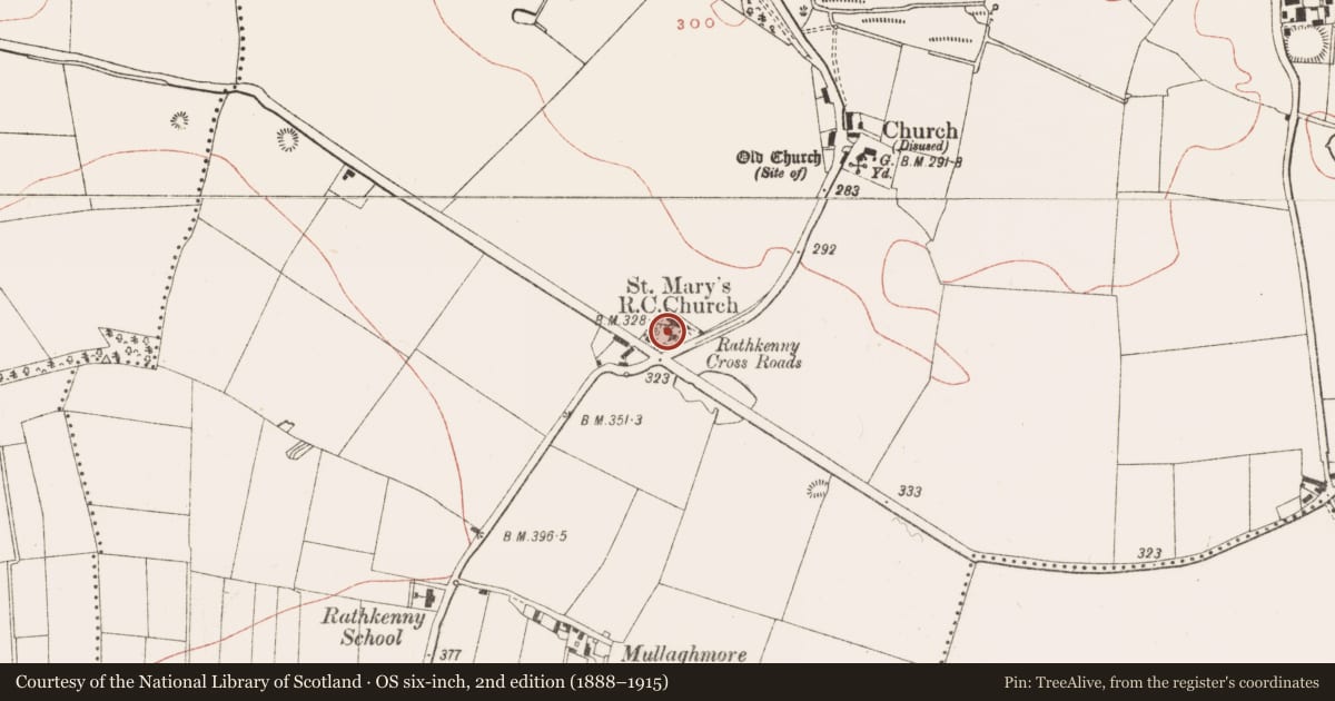 Ordnance Survey six-inch map, 2nd edition (1888–1915) covering the location of Font (present location), Rathkenny, County Meath, with a pin at the register's coordinates