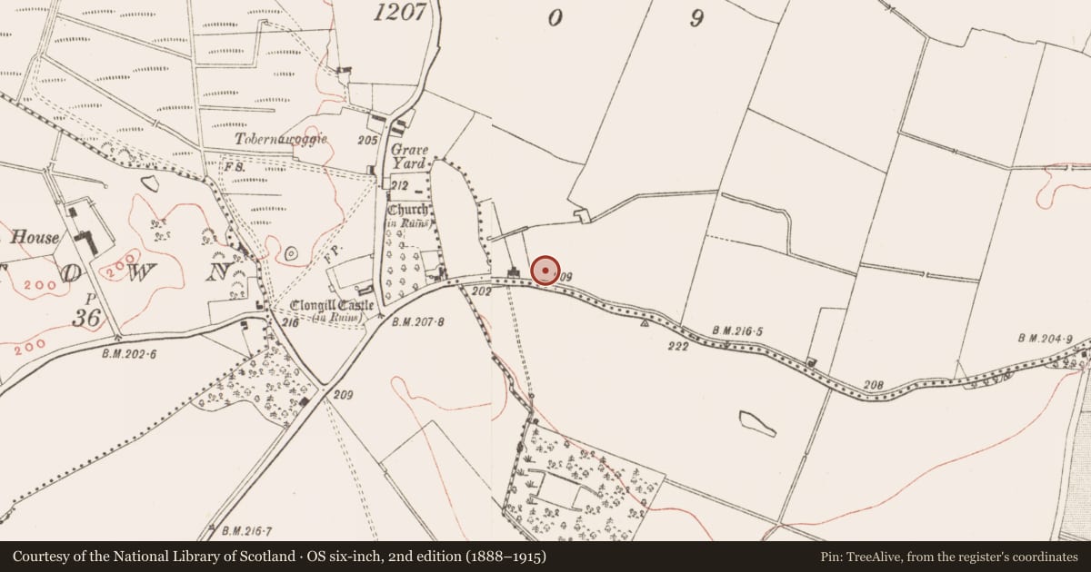 Ordnance Survey six-inch map, 2nd edition (1888–1915) covering the location of Souterrain, Cluain An Ghaill, County Meath, with a pin at the register's coordinates