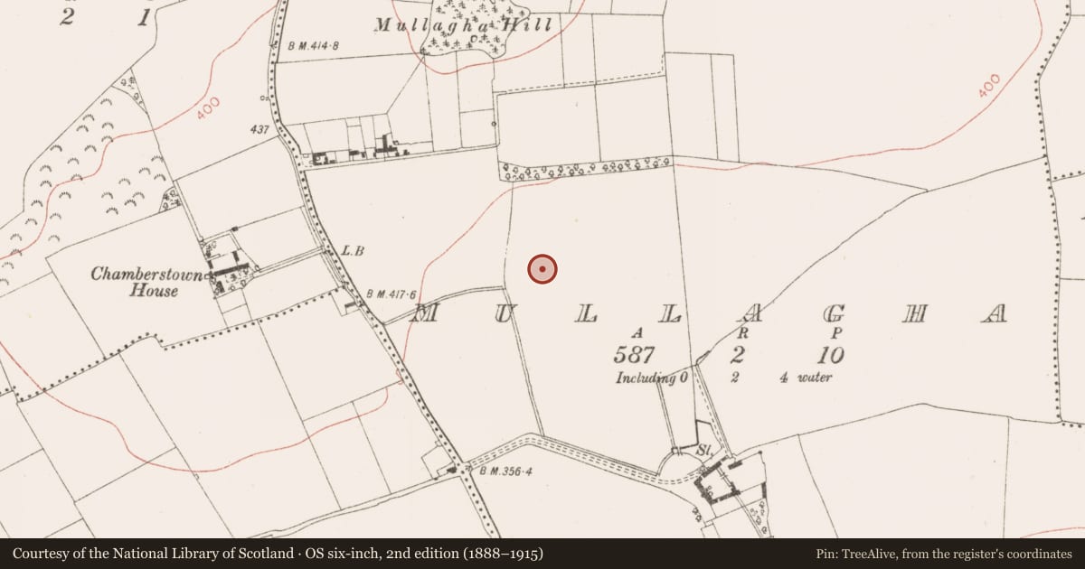 Ordnance Survey six-inch map, 2nd edition (1888–1915) covering the location of Ringfort - rath, Mullagha, County Meath, with a pin at the register's coordinates