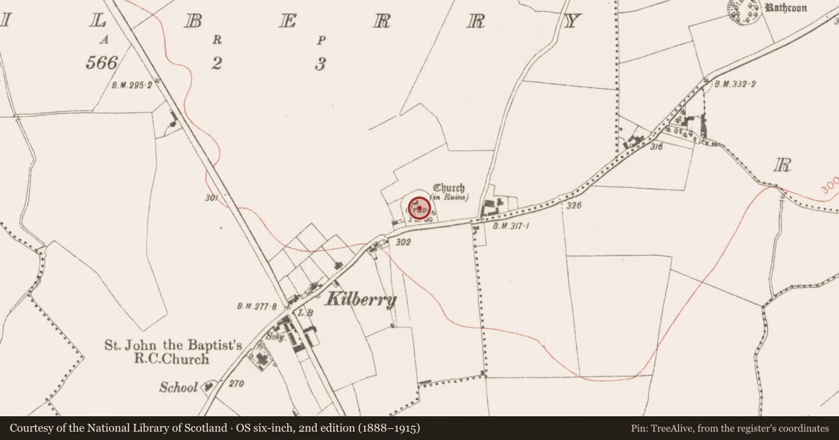 Ordnance Survey six-inch map, 2nd edition (1888–1915) covering the location of Graveyard, Kilberry, County Meath, with a pin at the register's coordinates