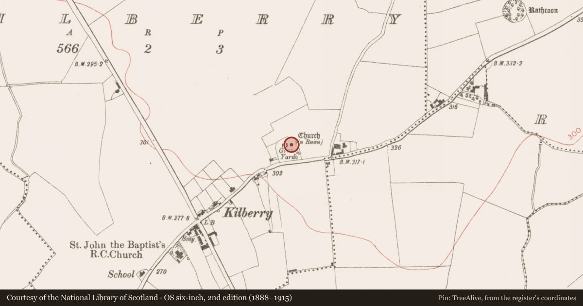 Ordnance Survey six-inch map, 2nd edition (1888–1915) covering the location of Tomb - chest tomb, Kilberry, County Meath, with a pin at the register's coordinates