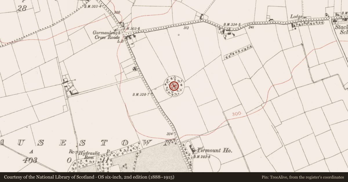 Ordnance Survey six-inch map, 2nd edition (1888–1915) covering the location of Henge, Stackallan, County Meath, with a pin at the register's coordinates