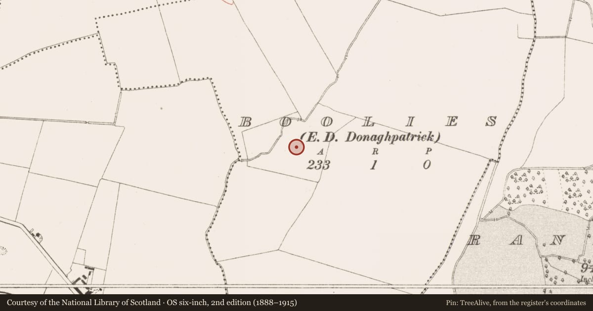 Ordnance Survey six-inch map, 2nd edition (1888–1915) covering the location of Field system, Boolies, County Meath, with a pin at the register's coordinates