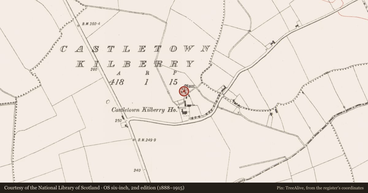 Ordnance Survey six-inch map, 2nd edition (1888–1915) covering the location of Barrow - ring-barrow, Castletown Kilberry, County Meath, with a pin at the register's coordinates