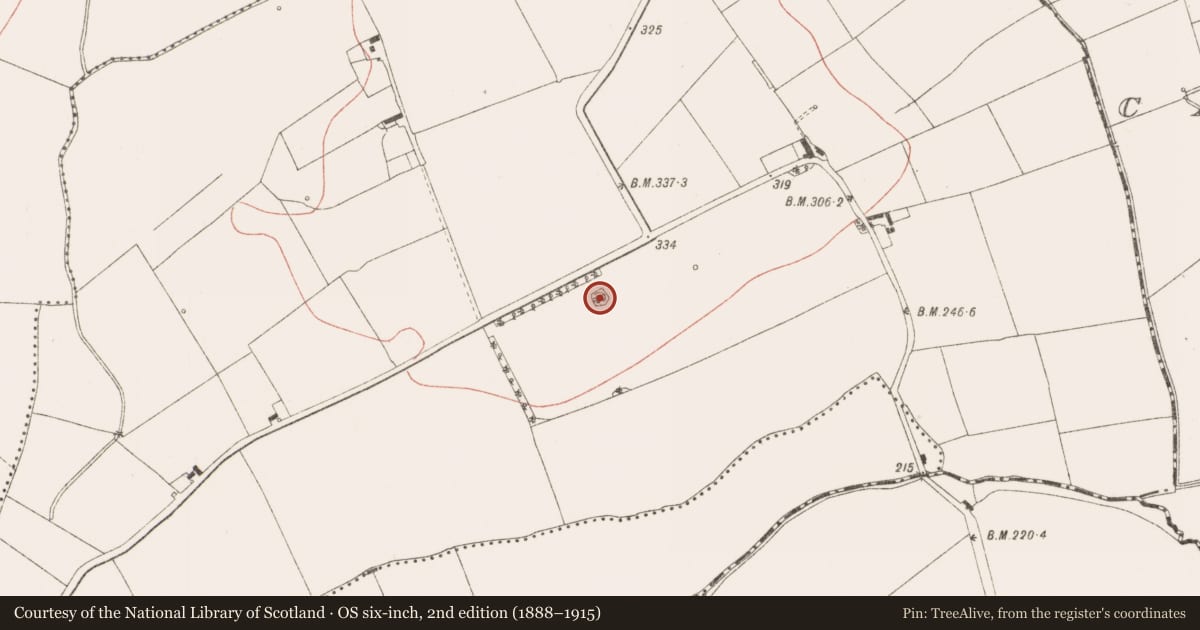 Ordnance Survey six-inch map, 2nd edition (1888–1915) covering the location of Barrow - mound barrow, Rathcoon, County Meath, with a pin at the register's coordinates