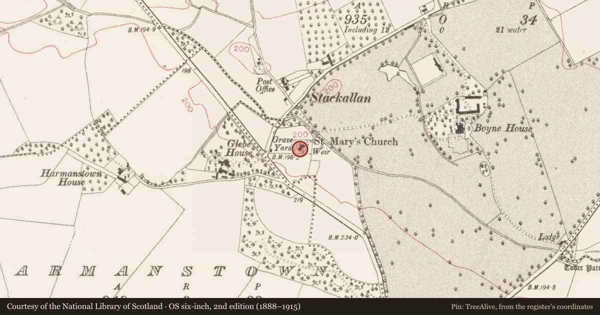 Ordnance Survey six-inch map, 2nd edition (1888–1915) covering the location of Graveslab, Stackallan, County Meath, with a pin at the register's coordinates