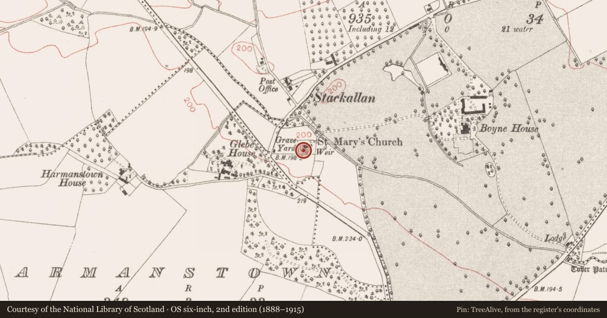 Ordnance Survey six-inch map, 2nd edition (1888–1915) covering the location of Graveslab, Stackallan, County Meath, with a pin at the register's coordinates