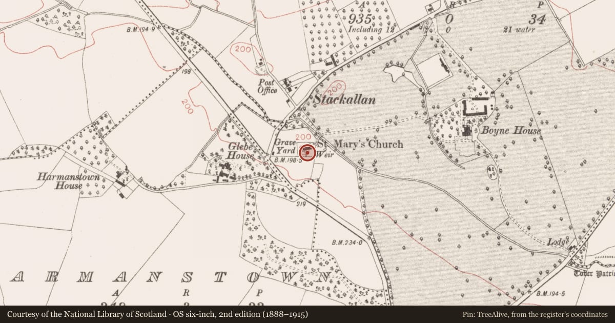 Ordnance Survey six-inch map, 2nd edition (1888–1915) covering the location of Graveyard, Stackallan, County Meath, with a pin at the register's coordinates