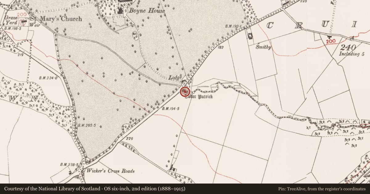 Ordnance Survey six-inch map, 2nd edition (1888–1915) covering the location of Ritual site - holy well, Stackallan, County Meath, with a pin at the register's coordinates