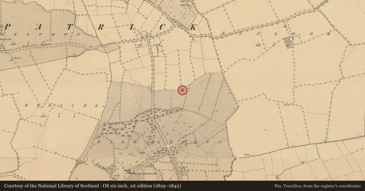 Ordnance Survey six-inch map, 1st edition (1829–1842) covering the location of Fulacht fia, Randalstown, County Meath, with a pin at the register's coordinates