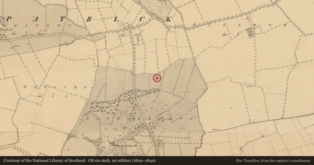 Ordnance Survey six-inch map, 1st edition (1829–1842) covering the location of Fulacht fia, Randalstown, County Meath, with a pin at the register's coordinates