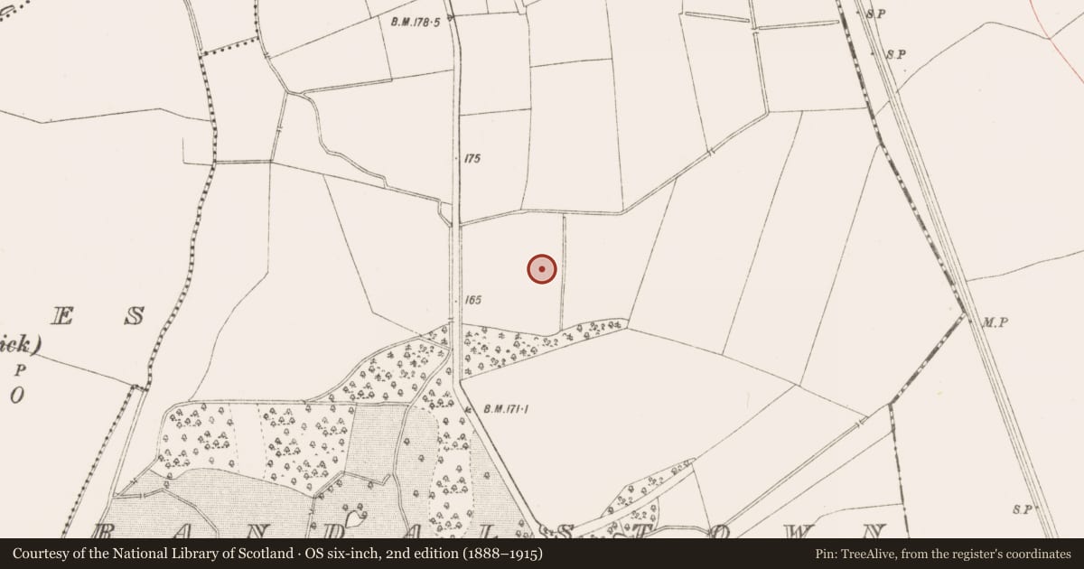 Ordnance Survey six-inch map, 2nd edition (1888–1915) covering the location of Fulacht fia, Randalstown, County Meath, with a pin at the register's coordinates