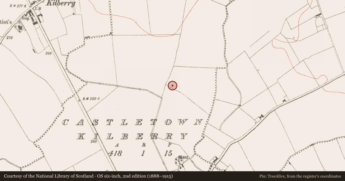 Ordnance Survey six-inch map, 2nd edition (1888–1915) covering the location of Ring-ditch, Castletown Kilberry, County Meath, with a pin at the register's coordinates
