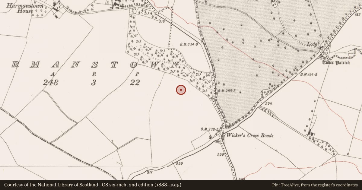 Ordnance Survey six-inch map, 2nd edition (1888–1915) covering the location of Enclosure, Stackallan, County Meath, with a pin at the register's coordinates