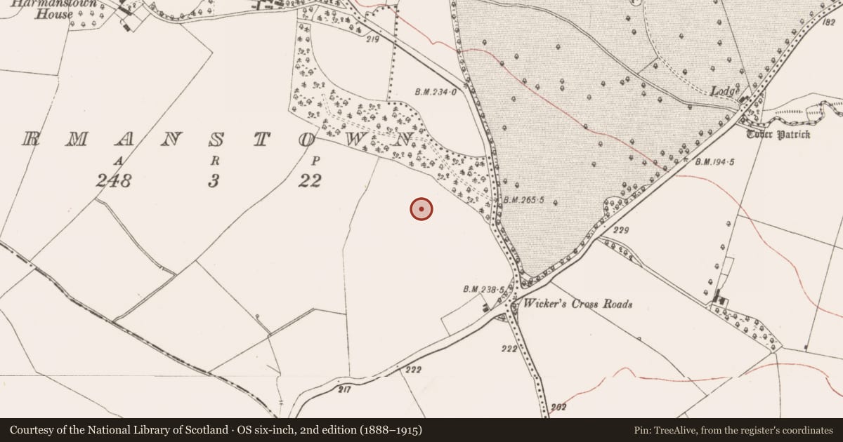 Ordnance Survey six-inch map, 2nd edition (1888–1915) covering the location of Ring-ditch, Stackallan, County Meath, with a pin at the register's coordinates