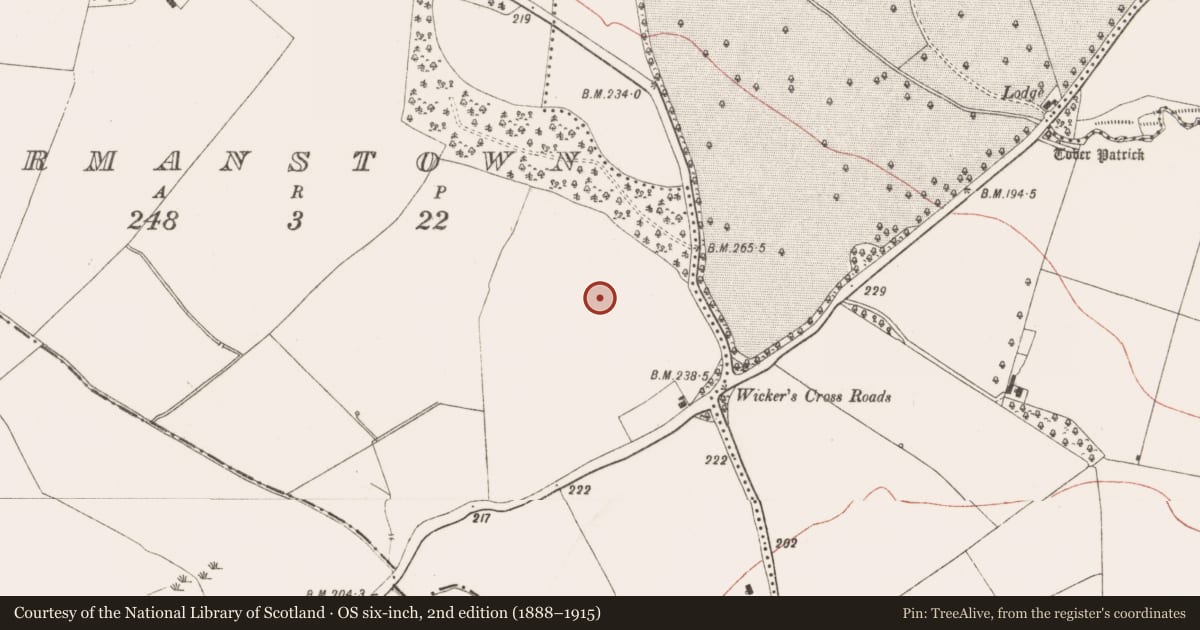 Ordnance Survey six-inch map, 2nd edition (1888–1915) covering the location of Ring-ditch, Stackallan, County Meath, with a pin at the register's coordinates