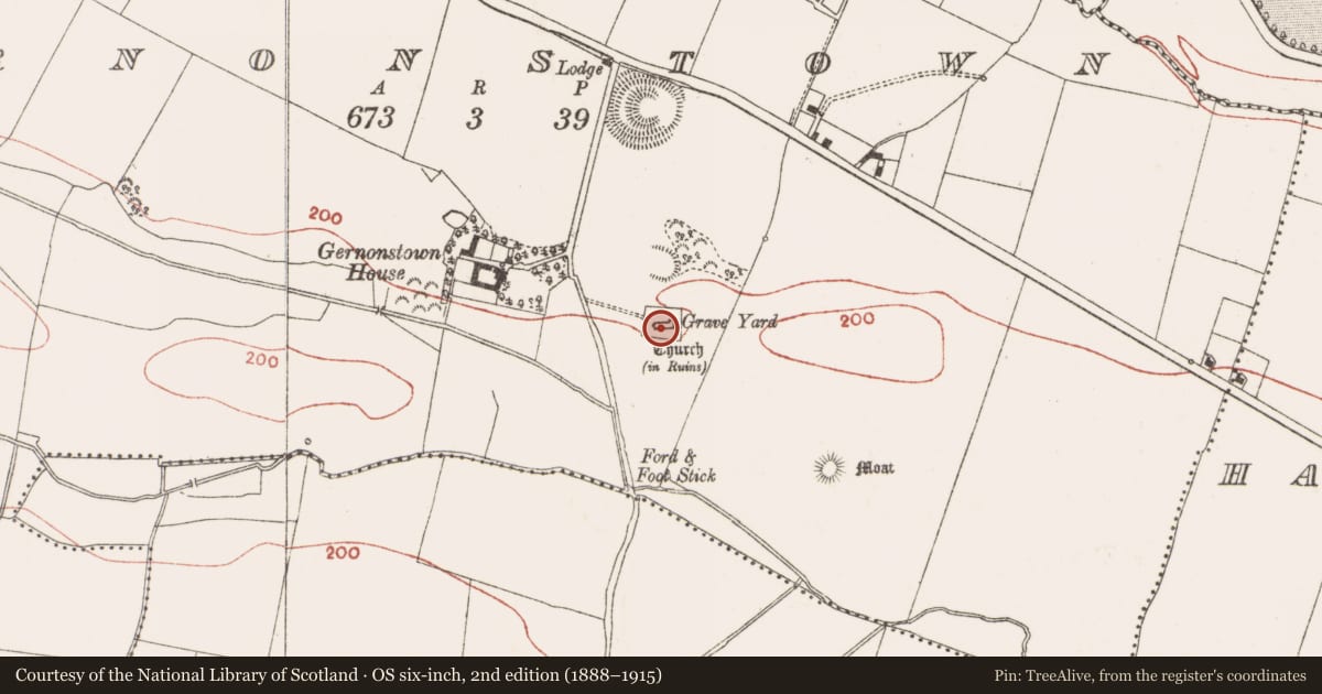 Ordnance Survey six-inch map, 2nd edition (1888–1915) covering the location of Church, Gernonstown, County Meath, with a pin at the register's coordinates