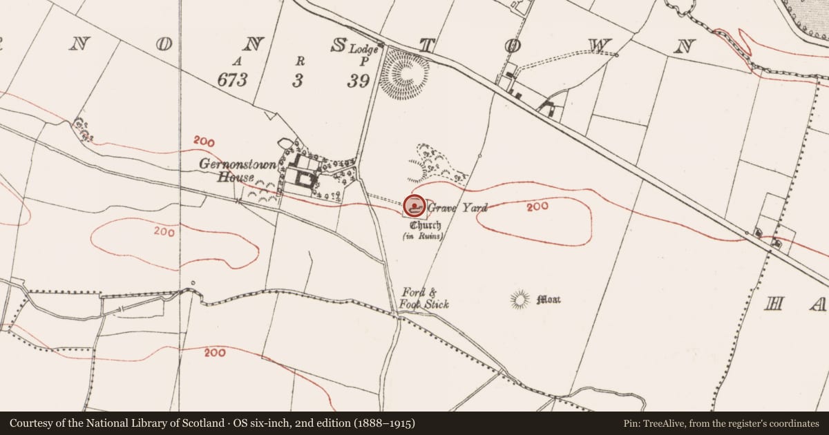 Ordnance Survey six-inch map, 2nd edition (1888–1915) covering the location of Graveyard, Gernonstown, County Meath, with a pin at the register's coordinates