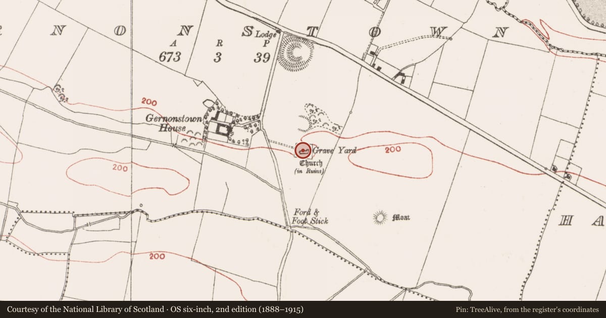 Ordnance Survey six-inch map, 2nd edition (1888–1915) covering the location of Font, Gernonstown, County Meath, with a pin at the register's coordinates