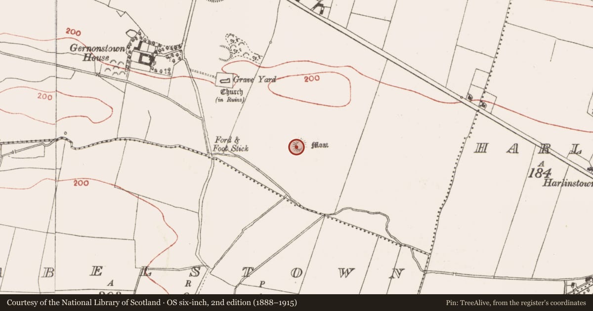 Ordnance Survey six-inch map, 2nd edition (1888–1915) covering the location of Barrow - mound barrow, Gernonstown, County Meath, with a pin at the register's coordinates