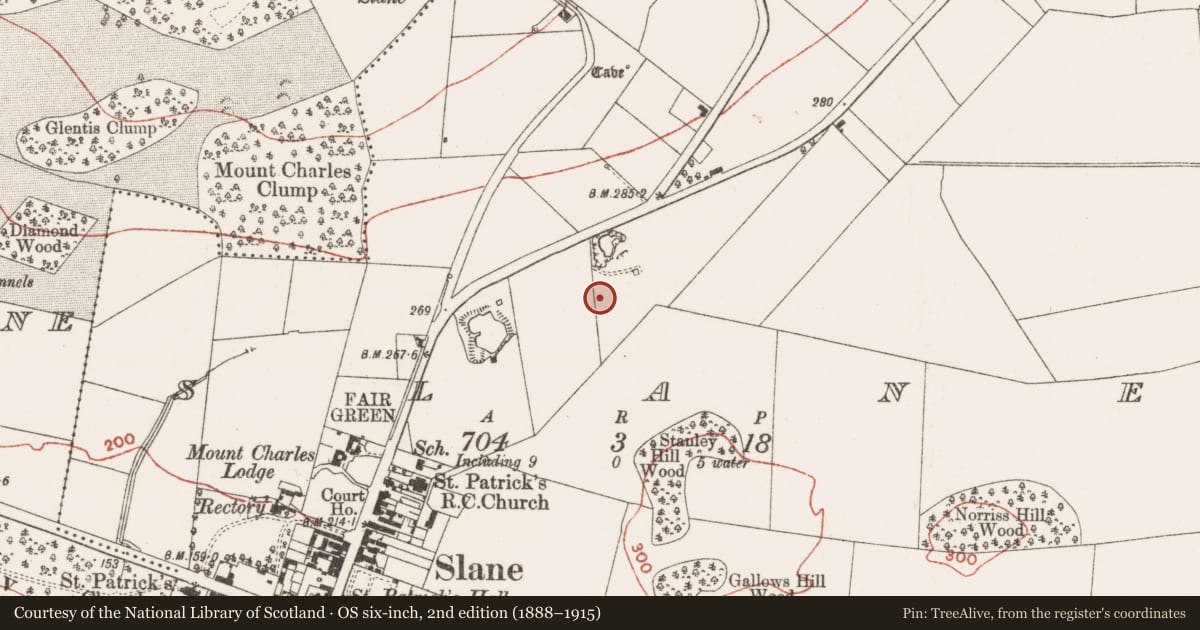 Ordnance Survey six-inch map, 2nd edition (1888–1915) covering the location of Souterrain, Slane, County Meath, with a pin at the register's coordinates