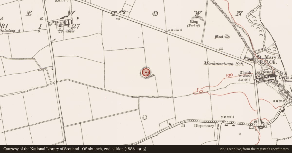 Ordnance Survey six-inch map, 2nd edition (1888–1915) covering the location of Ritual site - pond, Monknewtown, County Meath, with a pin at the register's coordinates