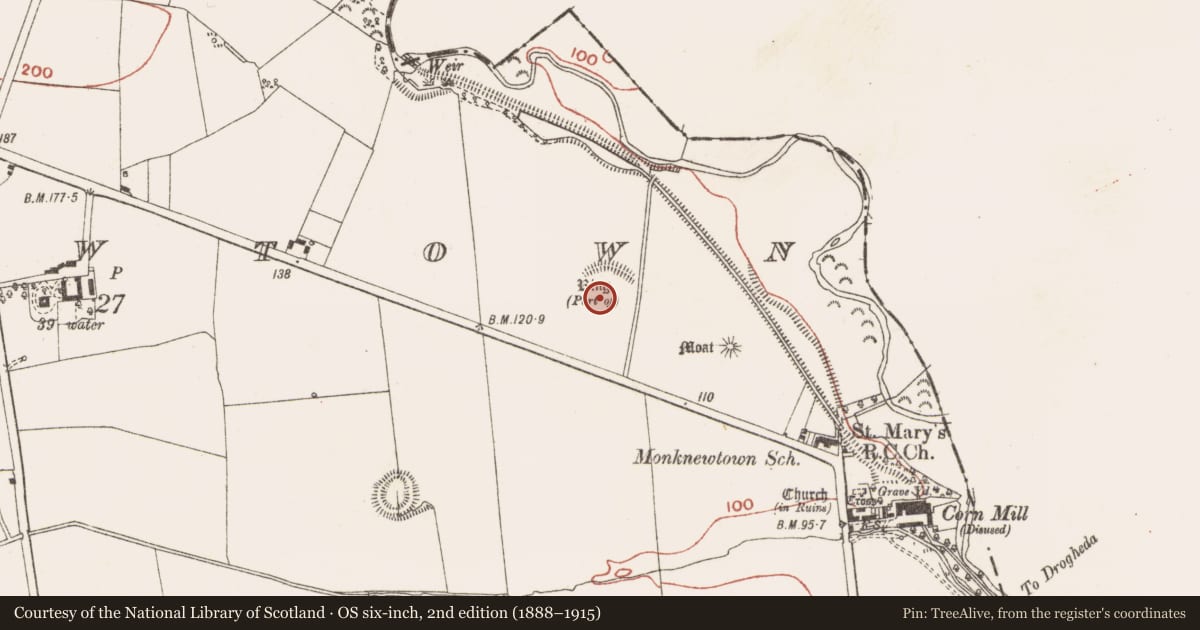 Ordnance Survey six-inch map, 2nd edition (1888–1915) covering the location of Barrow - ditch barrow, Monknewtown, County Meath, with a pin at the register's coordinates