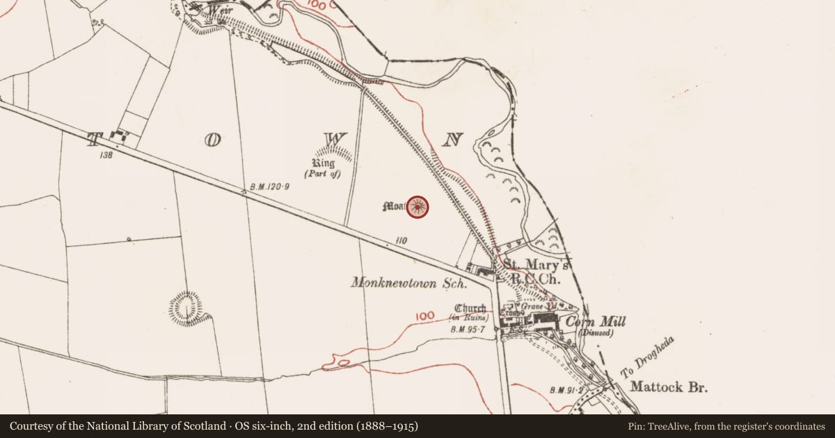 Ordnance Survey six-inch map, 2nd edition (1888–1915) covering the location of Barrow - mound barrow, Monknewtown, County Meath, with a pin at the register's coordinates