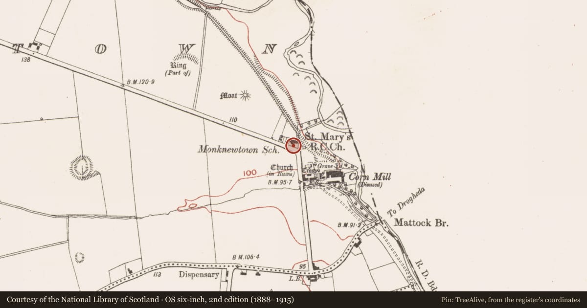 Ordnance Survey six-inch map, 2nd edition (1888–1915) covering the location of Font (present location), Monknewtown, County Meath, with a pin at the register's coordinates