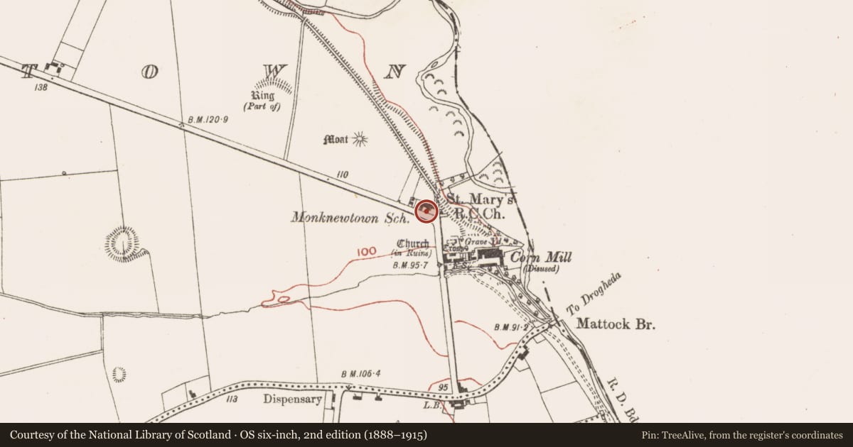 Ordnance Survey six-inch map, 2nd edition (1888–1915) covering the location of Font (present location), Monknewtown, County Meath, with a pin at the register's coordinates