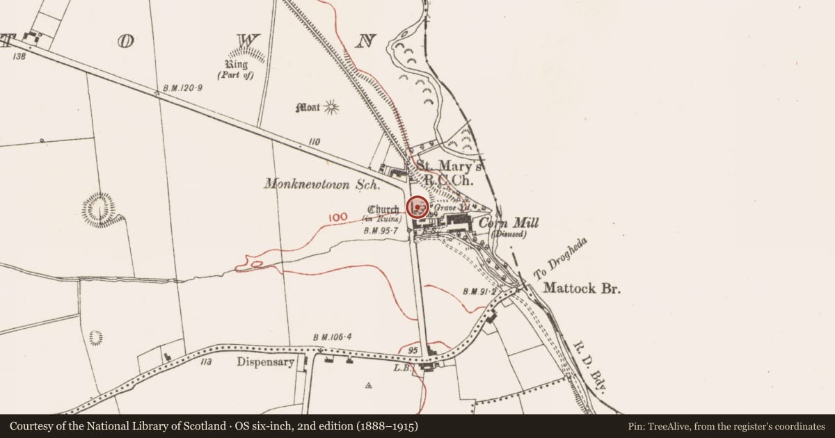 Ordnance Survey six-inch map, 2nd edition (1888–1915) covering the location of Church, Monknewtown, County Meath, with a pin at the register's coordinates
