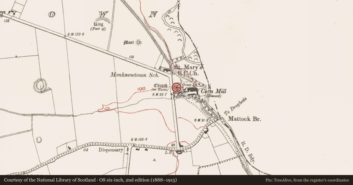 Ordnance Survey six-inch map, 2nd edition (1888–1915) covering the location of Graveyard, Monknewtown, County Meath, with a pin at the register's coordinates