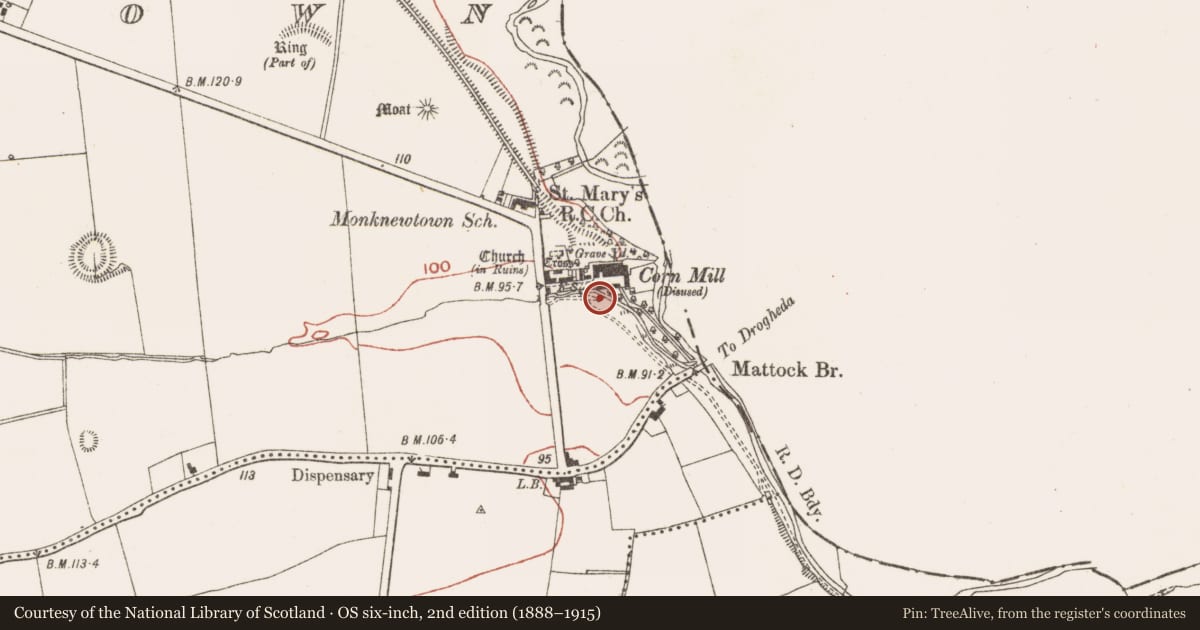 Ordnance Survey six-inch map, 2nd edition (1888–1915) covering the location of Ritual site - holy well, Monknewtown, County Meath, with a pin at the register's coordinates