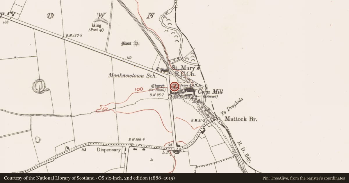 Ordnance Survey six-inch map, 2nd edition (1888–1915) covering the location of Cross - Churchyard cross, Monknewtown, County Meath, with a pin at the register's coordinates