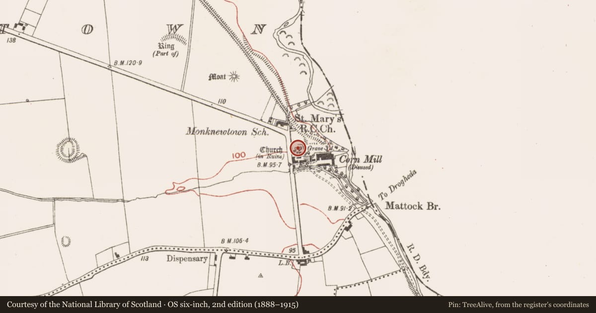 Ordnance Survey six-inch map, 2nd edition (1888–1915) covering the location of Cross, Monknewtown, County Meath, with a pin at the register's coordinates