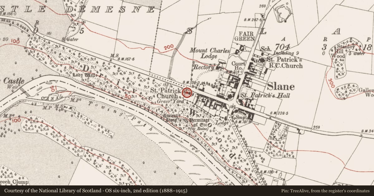 Ordnance Survey six-inch map, 2nd edition (1888–1915) covering the location of Tomb - effigial (present location), Slane, County Meath, with a pin at the register's coordinates