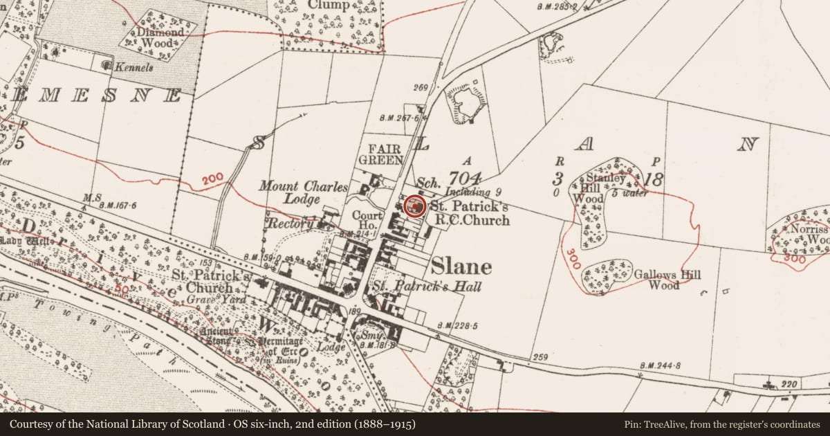 Ordnance Survey six-inch map, 2nd edition (1888–1915) covering the location of Cross - High cross (present location), Slane, County Meath, with a pin at the register's coordinates