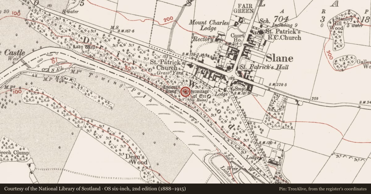 Ordnance Survey six-inch map, 2nd edition (1888–1915) covering the location of Religious house - Franciscan Third Order Regular, Slanecastle Demesne, County Meath, with a pin at the register's coordinates