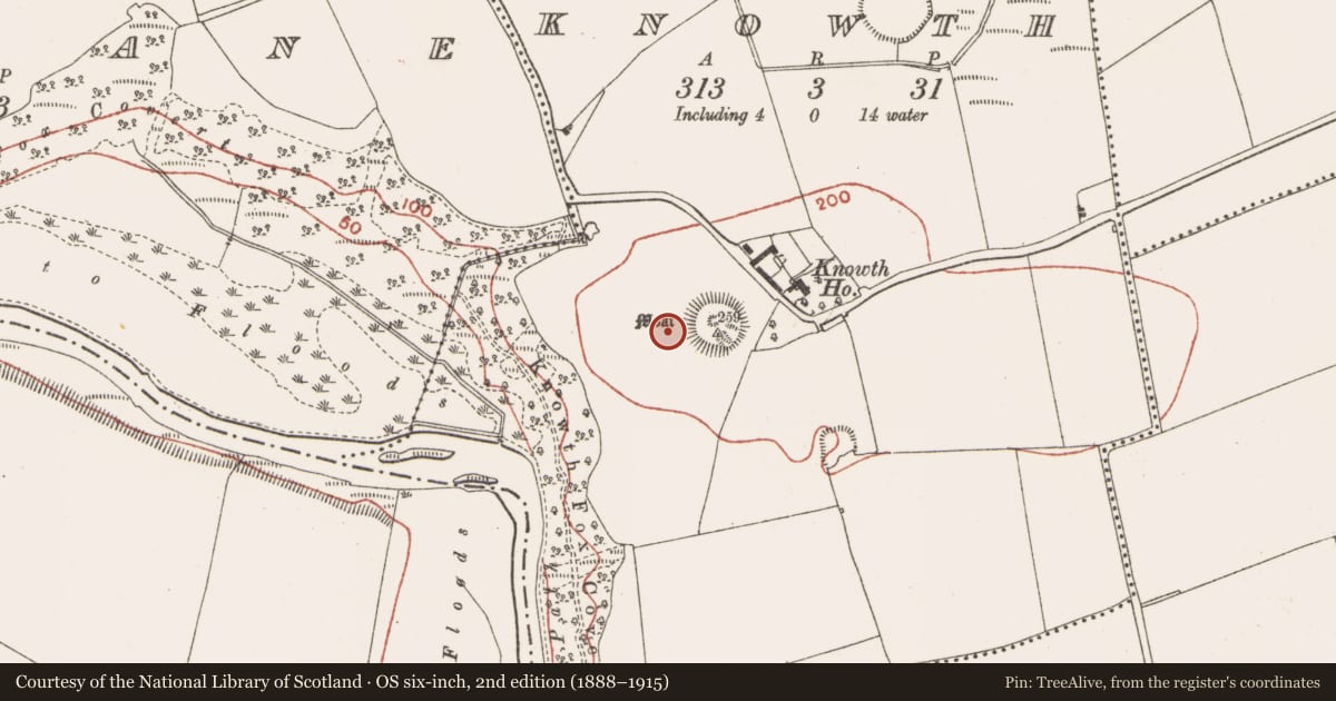 Ordnance Survey six-inch map, 2nd edition (1888–1915) covering the location of Megalithic tomb - passage tomb, Knowth, County Meath, with a pin at the register's coordinates