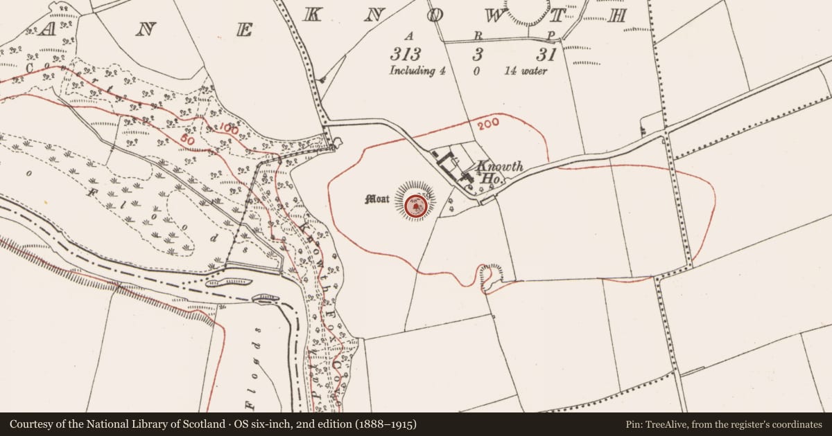Ordnance Survey six-inch map, 2nd edition (1888–1915) covering the location of Settlement cluster, Knowth, County Meath, with a pin at the register's coordinates