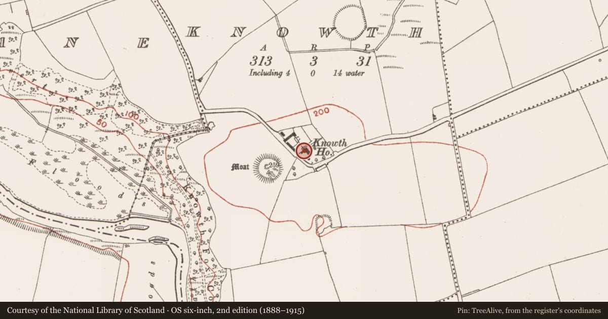 Ordnance Survey six-inch map, 2nd edition (1888–1915) covering the location of Megalithic tomb - passage tomb, Knowth, County Meath, with a pin at the register's coordinates