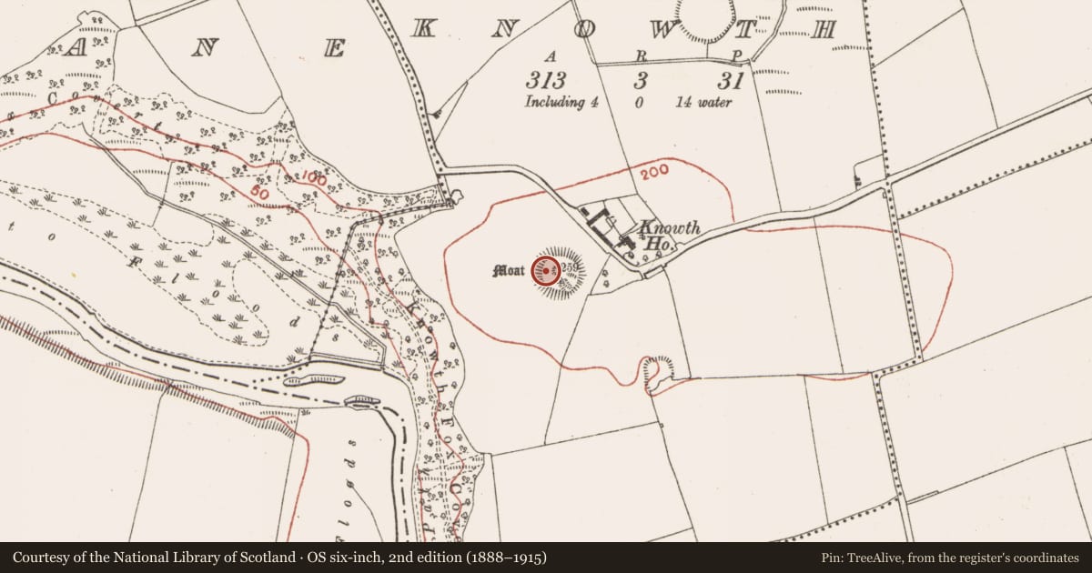 Ordnance Survey six-inch map, 2nd edition (1888–1915) covering the location of Inscribed slab, Knowth, County Meath, with a pin at the register's coordinates