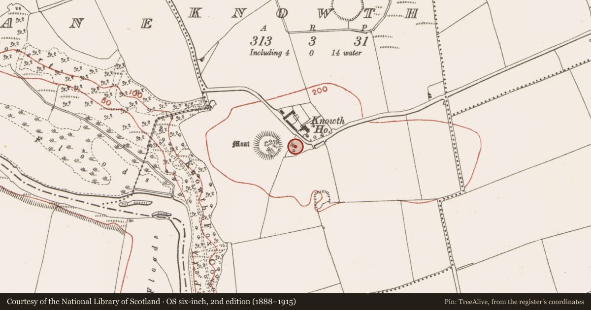 Ordnance Survey six-inch map, 2nd edition (1888–1915) covering the location of Settlement cluster, Knowth, County Meath, with a pin at the register's coordinates