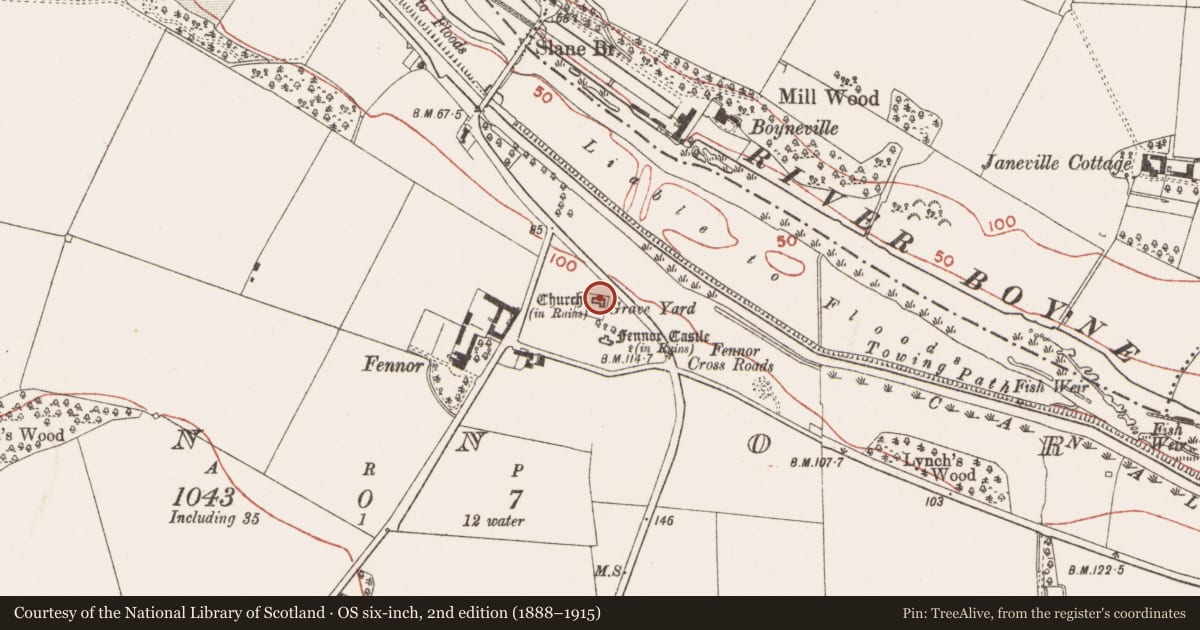 Ordnance Survey six-inch map, 2nd edition (1888–1915) covering the location of Church, Fennor, County Meath, with a pin at the register's coordinates