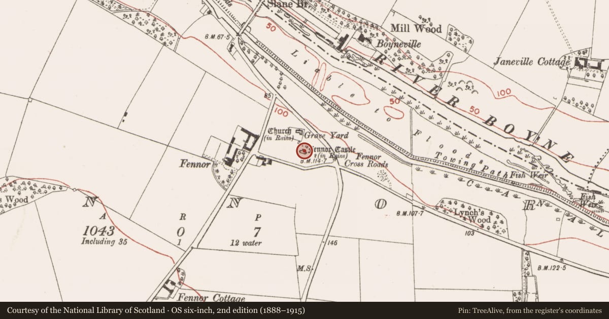 Ordnance Survey six-inch map, 2nd edition (1888–1915) covering the location of House - 16th/17th century, Fennor, County Meath, with a pin at the register's coordinates