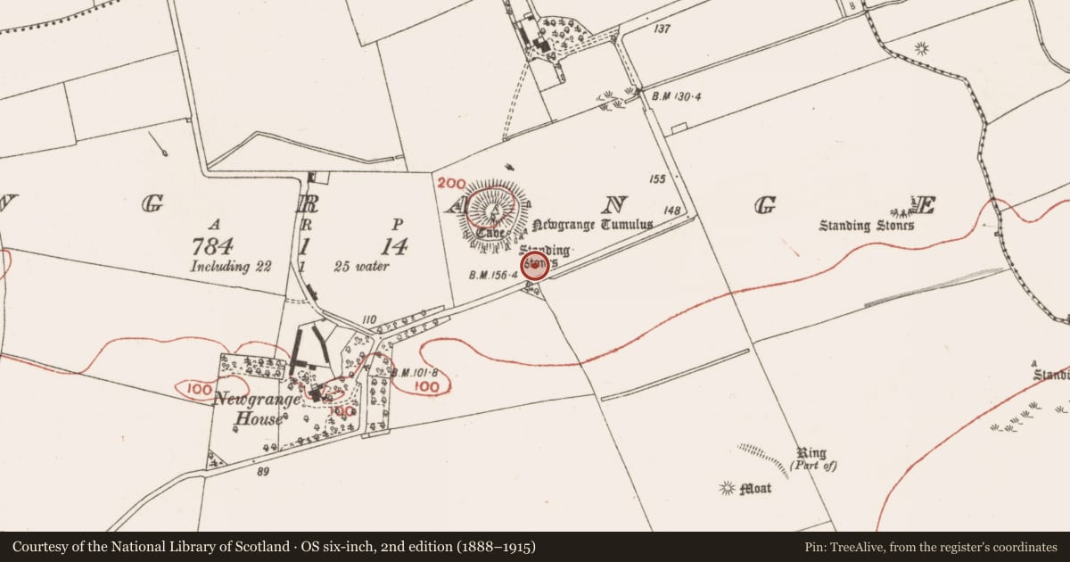 Ordnance Survey six-inch map, 2nd edition (1888–1915) covering the location of Passage tomb art (present location), Newgrange, County Meath, with a pin at the register's coordinates