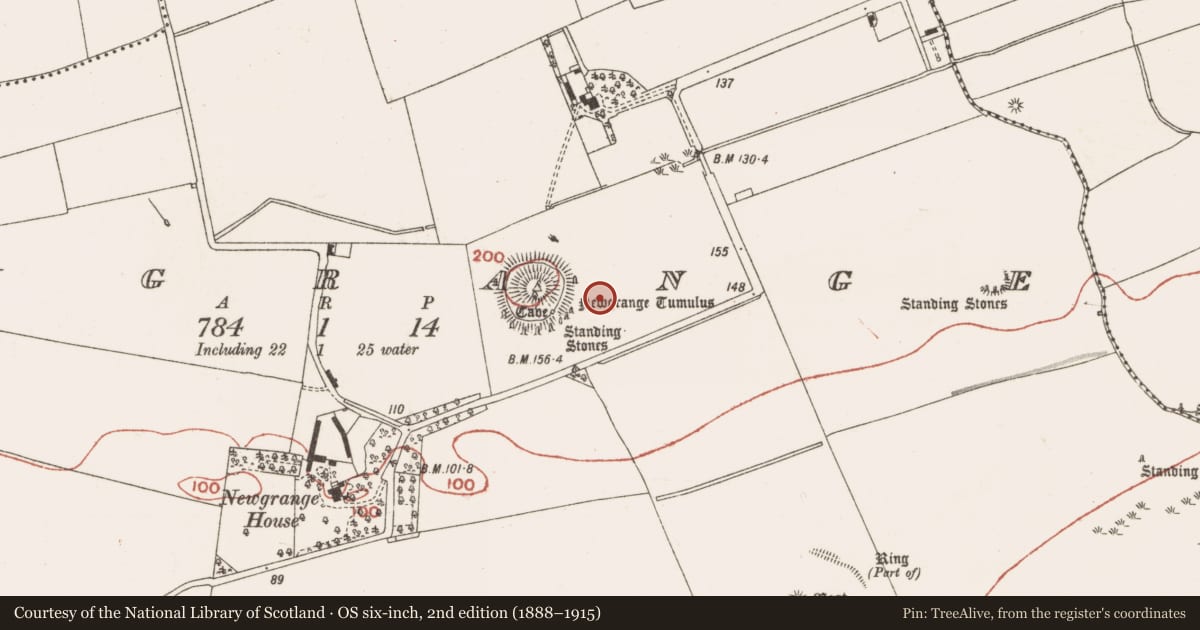Ordnance Survey six-inch map, 2nd edition (1888–1915) covering the location of Megalithic tomb - passage tomb, Newgrange, County Meath, with a pin at the register's coordinates