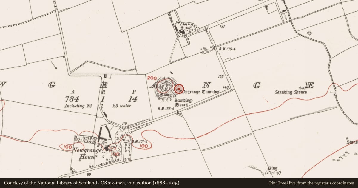 Ordnance Survey six-inch map, 2nd edition (1888–1915) covering the location of Megalithic tomb - passage tomb, Newgrange, County Meath, with a pin at the register's coordinates