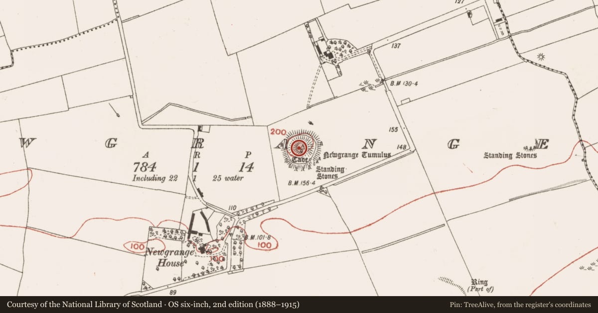 Ordnance Survey six-inch map, 2nd edition (1888–1915) covering the location of Megalithic tomb - passage tomb, Newgrange, County Meath, with a pin at the register's coordinates